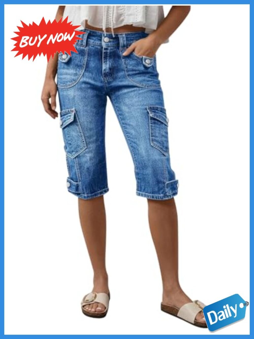 Flamingals Mid Rise Straight Leg Capri Jeans Cotton Blend Women's Casual